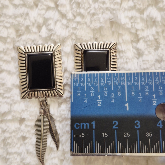 Vintage Sterling Silver Black Onyx Dangle Feather Earrings - Picture 9 of 9